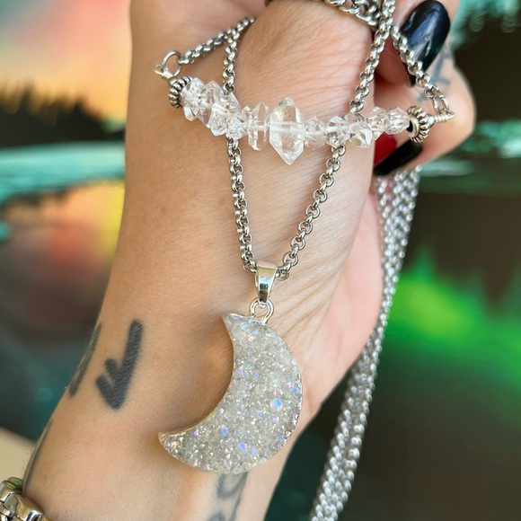 Crystal moon necklace . Genuine herkimers diamonds druzy quartz silver moon π - Picture 8 of 14